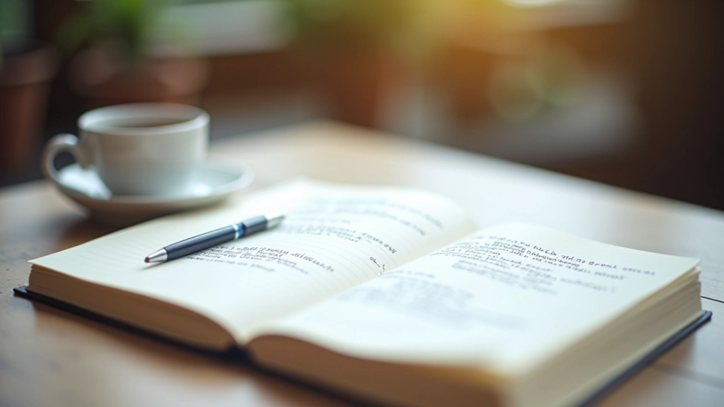 Notebook with handwritten tone examples - friendly, formal, casual - pen marking different writing styles, coffee cup on desk, natural window light