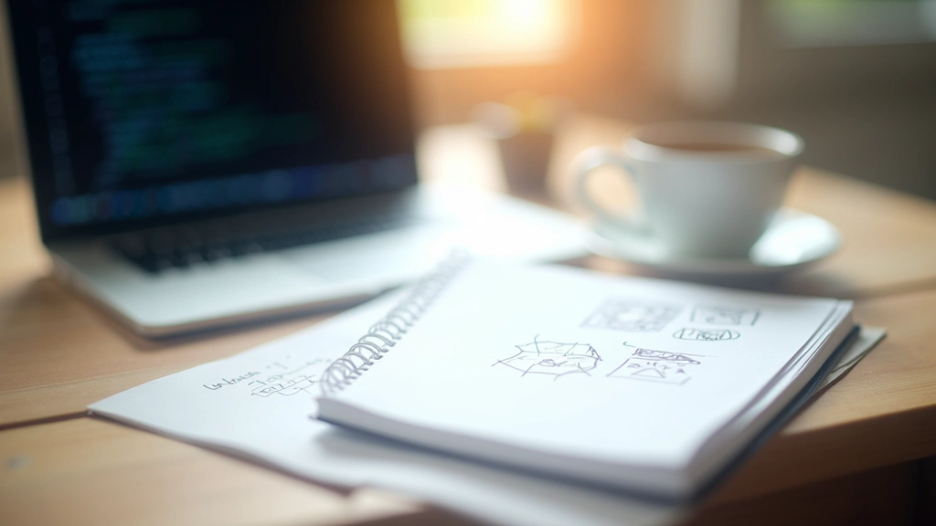 Workspace showing notebook with AI workflow sketched out next to laptop